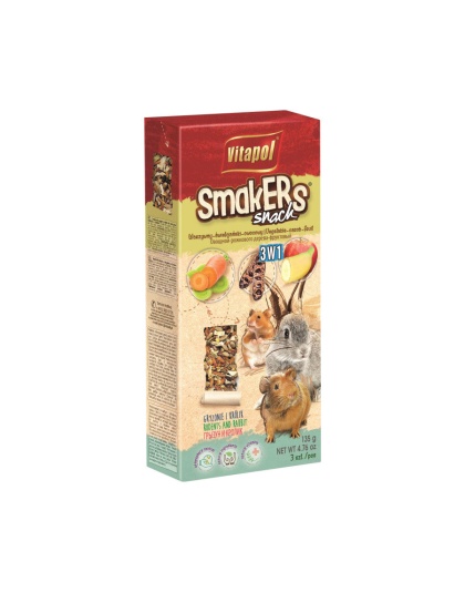 A & E Cages Smakers Rabbit & Rodent Triple Pack Treat Stick Veggie/Carob/Fruit, 1ea/3 pk