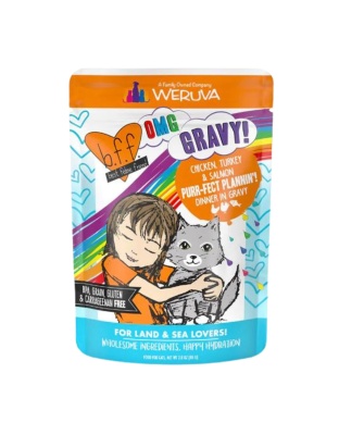 BFF Cat Omg Purr-Fect Plannin! Chicken; Turkey and Salmon Dinner in Gravy 2.8oz. (Case of 12)