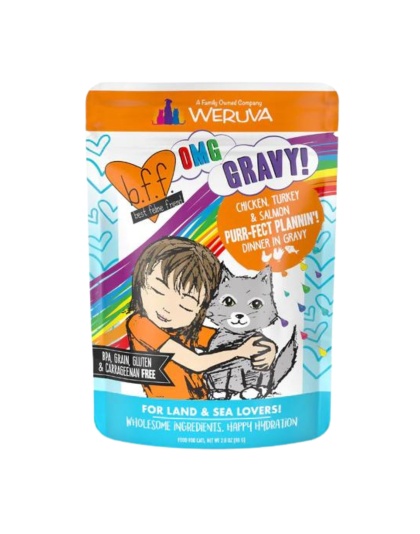BFF Cat Omg Purr-Fect Plannin! Chicken; Turkey and Salmon Dinner in Gravy 2.8oz. (Case of 12)