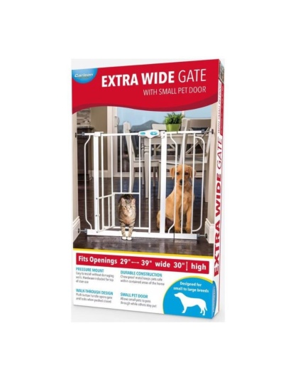 Carlson Extra Wide Pet Gate w/ Small Pet Door White 29-39 X 30in.