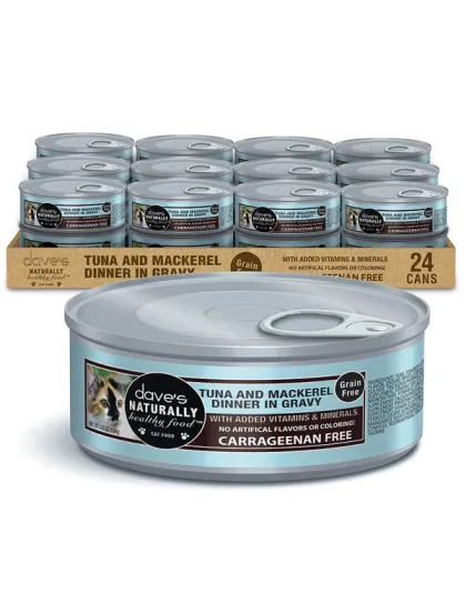 Dave's Naturally Healthy Cat Food, Tuna and Mackerel Dinner In Gravy 5.5oz. (Case of 24)