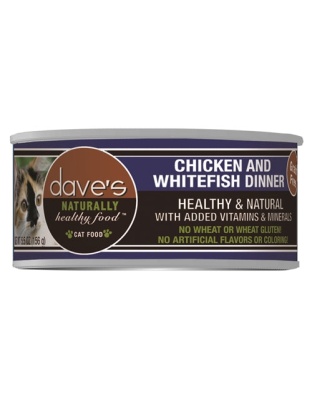 Daves Naturally Healthy Cat Food; Chicken and White Fish Dinner 5.5oz. (Case of 24)
