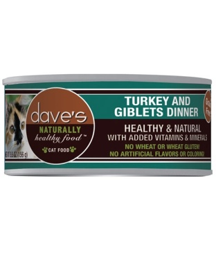 Daves Naturally Healthy Cat Food; Turkey and Giblets Dinner 5.5oz. (Case of 24)