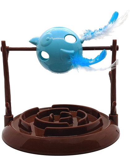 Doc and Phoebe Twirly Bird Cat Treat Dispenser Brown-Blue 5.25in