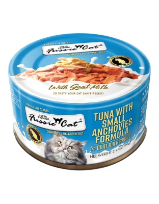 Fussie Cat Premium Tuna with Small Anchovies in Goat milk Gravy 2.47oz. (Case of 24)