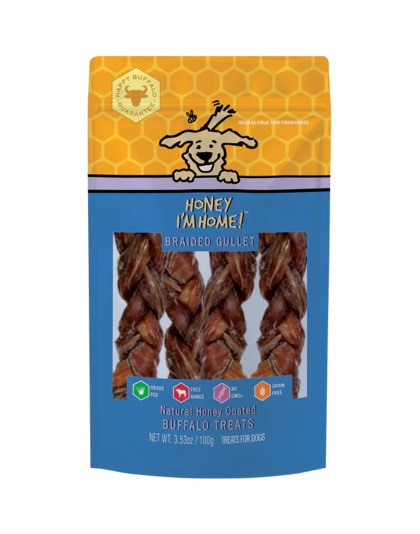 Honey Im Home Dog Natural Honey Coated Buffalo Treats Braided Gullet 3.53oz.