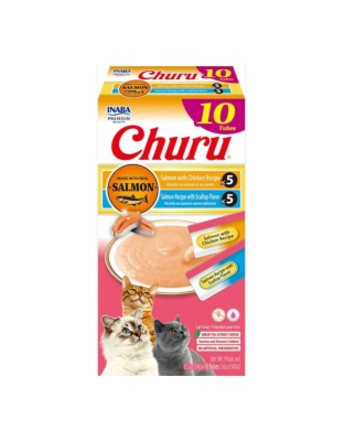 Inaba Churu Puree Cat Treats Variety Box Salmon/Chiken/Sclp .5oz.-10 Pk