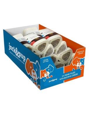 Jack & Pup D 3-4" Filled Bone  Bcn Cheese 18Ct Disp Box