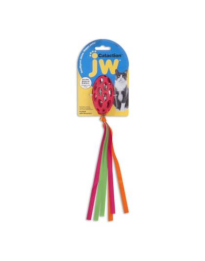 JW Pet Cataction Football with Streamers Cat Toy Red 1ea/One Size