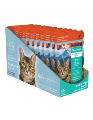 Feline Natural Cat Grain Free Hoki Beef 3oz. Pouch 12 Pieces (Case of 12)