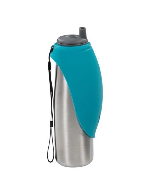 Messy Mutts Dog Double Stainless Travel Water Bottle Silicone Flip Bowl 20oz. 600Ml Blue