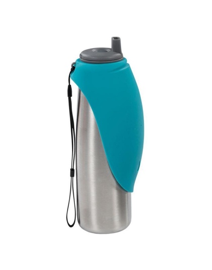 Messy Mutts Dog Double Stainless Travel Water Bottle Silicone Flip Bowl 20oz. 600Ml Blue