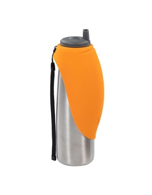 Messy Mutts Dog Double Stainless Travel Water Bottle Silicone Flip Bowl 20oz. 600Ml Orange