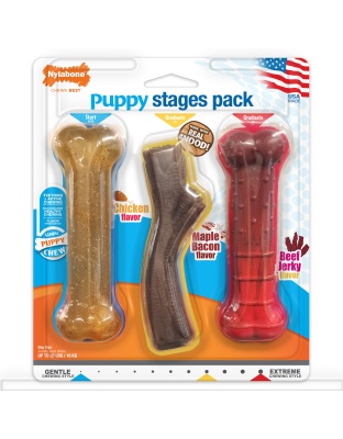 Nylabone Puppy Chew Stages Triple Pack Chewy Toys Puppy Stages Triple Pack Chicken, Bacon, & Beef Jerky 1ea/Medium/Wolf - Up To 35 lb