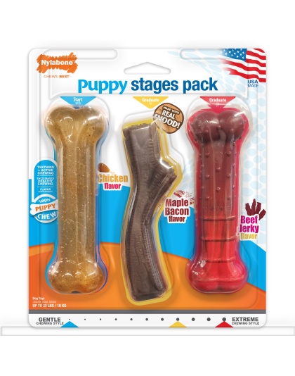 Nylabone Puppy Chew Stages Triple Pack Chewy Toys Puppy Stages Triple Pack Chicken, Bacon, & Beef Jerky 1ea/Medium/Wolf - Up To 35 lb