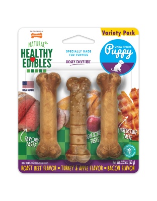 Nylabone Healthy Edibles Puppy Natural Long Lasting Variety Dog Chew Treats Roast Beef, Turkey,  Apple,  Bacon, XS/Petite  Up To 15 Lbs. 3 ct