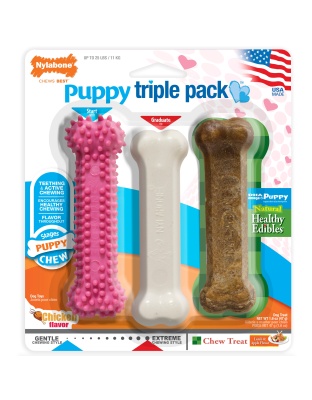 Nylabone Puppy Chew Variety Toy  Treat Triple Pack Chicken  Lamb Starter Kit, SMall/Regular  Up To 25 Ibs.