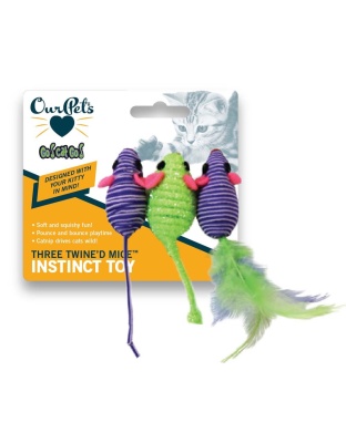 OurPets Three Twined Mice Catnip Toy Green, Purple 1ea/3 pk