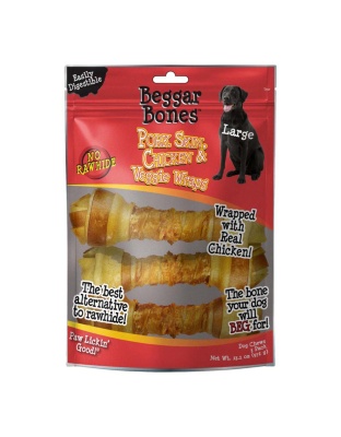 Savory Prime Beggar Bones Pork Skin, Chicken & Veggie Wraps Dog Treats 1ea/LG, 3 pk