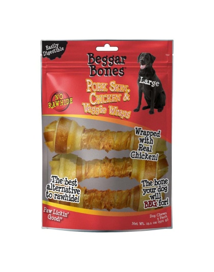 Savory Prime Beggar Bones Pork Skin, Chicken & Veggie Wraps Dog Treats 1ea/LG, 3 pk