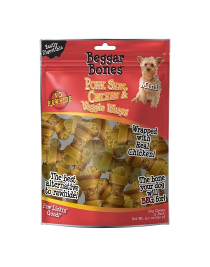 Savory Prime Beggar Bones Pork Skin, Chicken & Veggie Wraps Dog Treats 1ea/SM, 21 pk