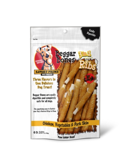 Savory Prime Beggar Bone 3in1 Ribs Dog Treat Chicken, Vegetable & Pork, 1ea/6 ct