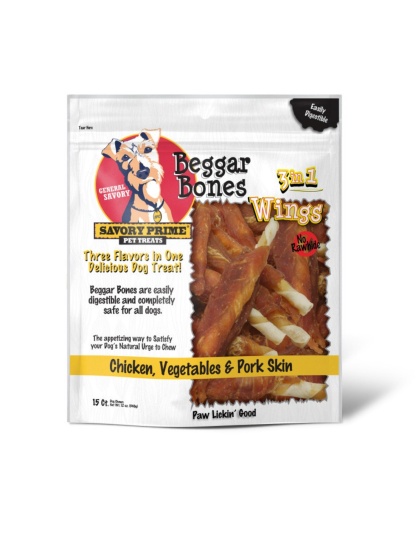 Savory Prime Beggar Bone 3in1 Wings Dog Treat Chicken, Vegetable & Pork, 1ea/15 ct