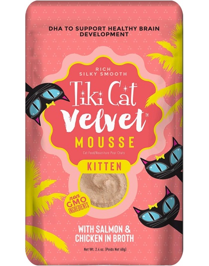 Tiki Pets Cat Velvet Kitten Mousse with Salmon and Chicken in Broth 2.4oz. (Case of 12)