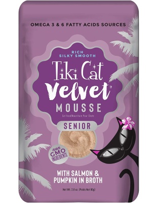 Tiki Pets Cat Velvet Senior Mousse with Salmon and Pumpkin in Broth 2.4oz. (Case of 12)