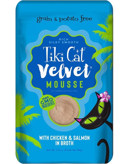 Tiki Pets Cat Velvet Mousse Chicken and Salmon in Broth 2.8oz. (Case of 12)