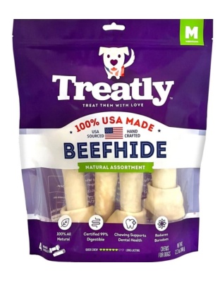 Treatly 100% USA Beefhide Bones & Rolls Natural Medium-4 Pk