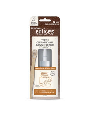 TropiClean Enticers Teeth Cleaning Gel & Toothbrush for Dogs Peanut Butter & Honey 1ea/2 oz, SM/MD