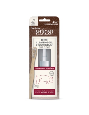 TropiClean Enticers Teeth Cleaning Gel & Toothbrush for Dogs Hickory Smoked Bacon 1ea/2 oz, LG