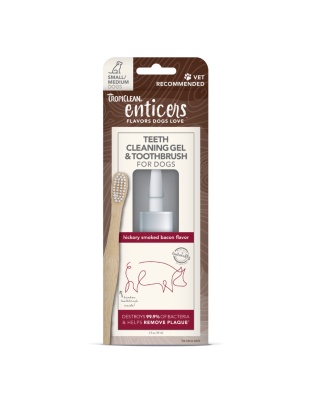 TropiClean Enticers Teeth Cleaning Gel & Toothbrush for Dogs Hickory Smoked Bacon 1ea/2 oz, SM/MD
