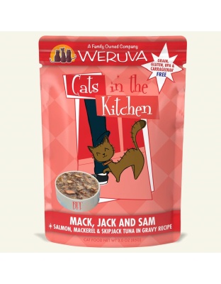 Cats In The Kitchen Mack, Jack & Sam Salmon, Mackerel & Skipjack Tuna in Gravy 3oz. Pouch (Case of 12)