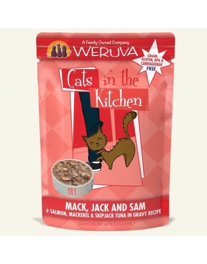 Cats In The Kitchen Mack, Jack & Sam Salmon, Mackerel & Skipjack Tuna in Gravy 3oz. Pouch (Case of 12)