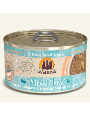 Weruva Cat Stews Clues Turkey; Chicken and Salmon Dinner in Gravy 2.8oz. (Case of 12)