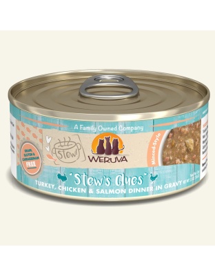 Weruva Cat Stews Clues Turkey; Chicken and Salmon Dinner in Gravy 5.5oz (Case of 8)