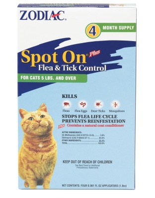 Zodiac Spot On Plus Flea & Tick Control for Cats 1ea/5 Lbs And Over, 4 pk